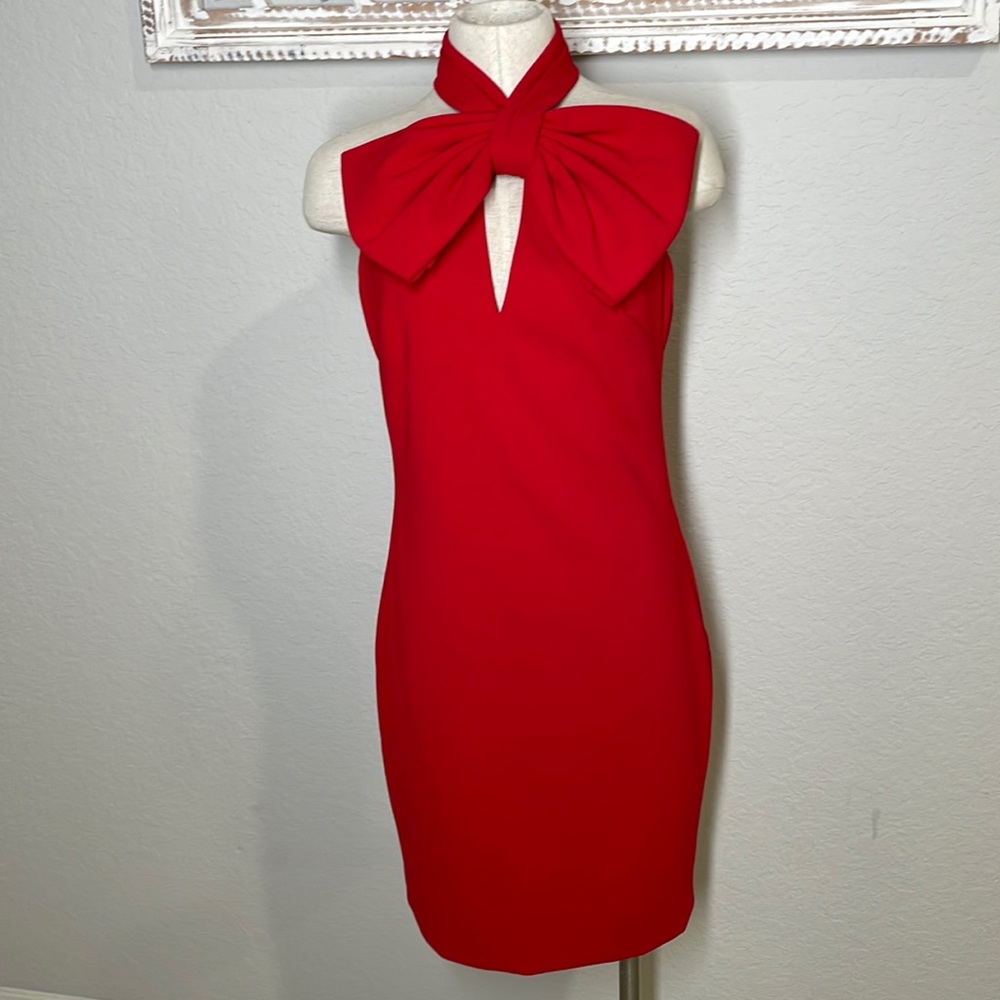 New Badgley Mischka Red halter neck bow dress size 4